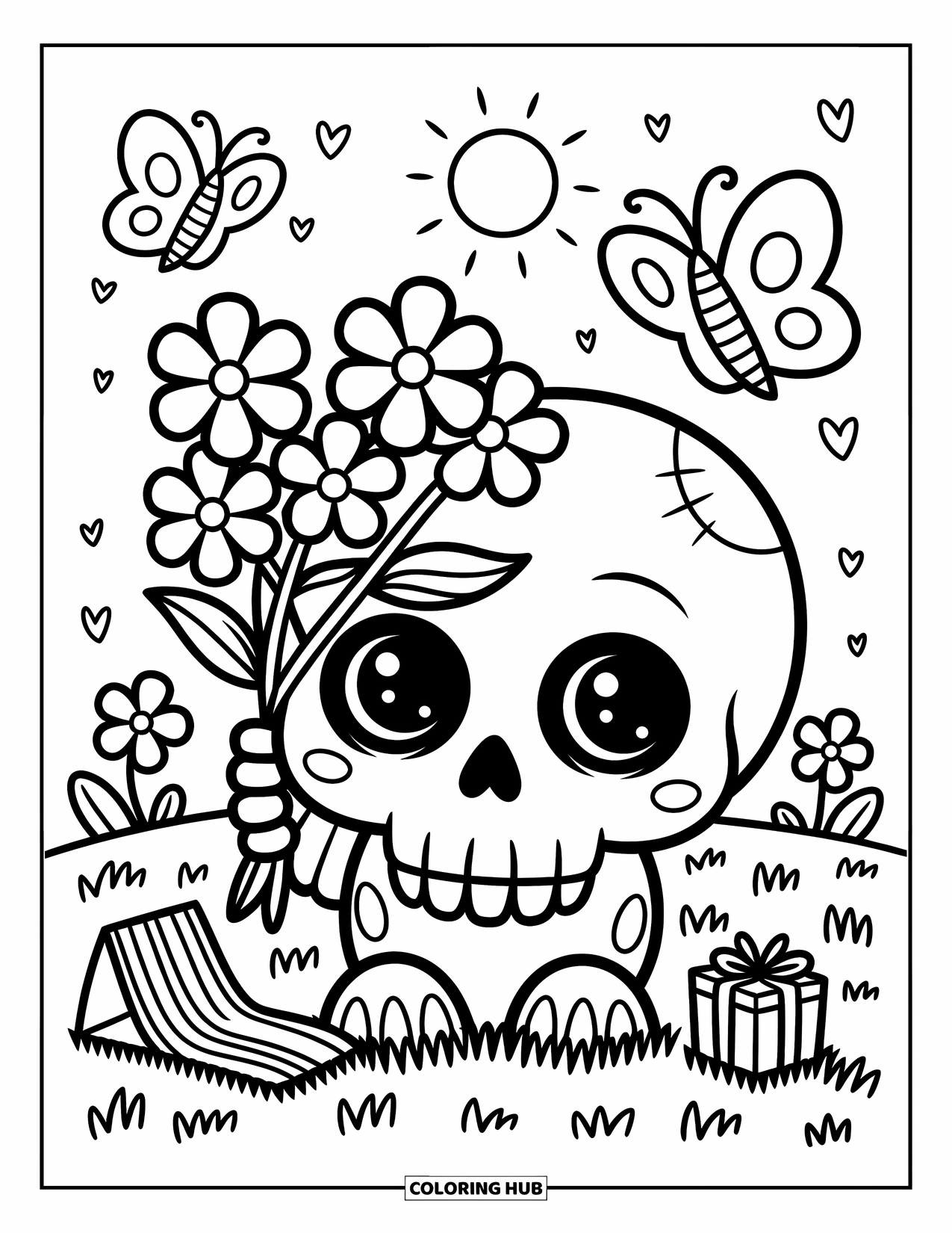 Skull Coloring Page for Adults: A shy skull holds flowers in a field with chibi butterflies and tiny picnic treats