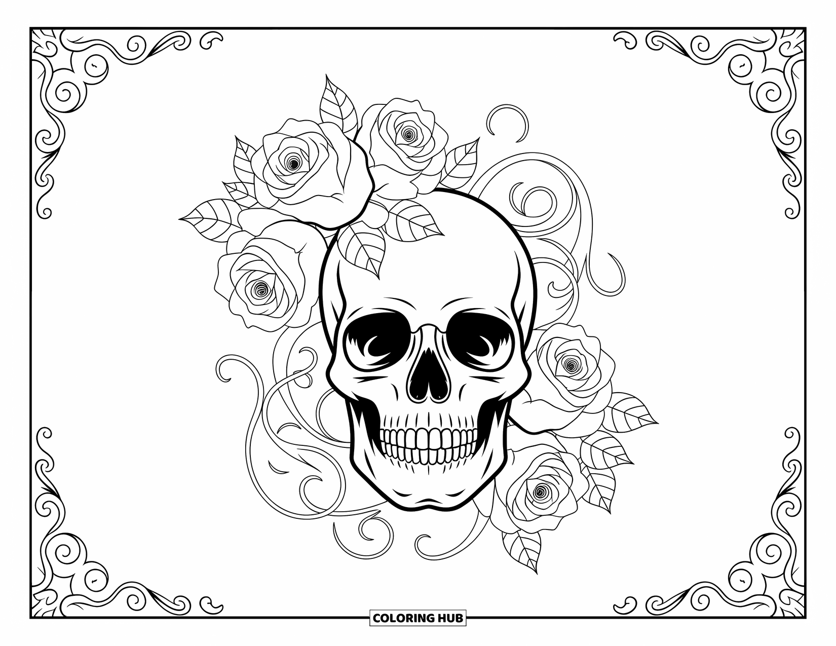 Skull Coloring Page for Adults: A skull is entwined with blooming roses, curling vines, and swirling leafy patterns