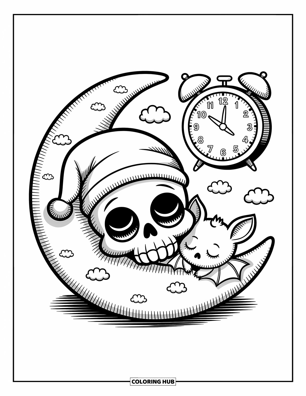 Skull Coloring Page for Adults: A skull naps on a crescent moon with a bat buddy and a floating, playful clock
