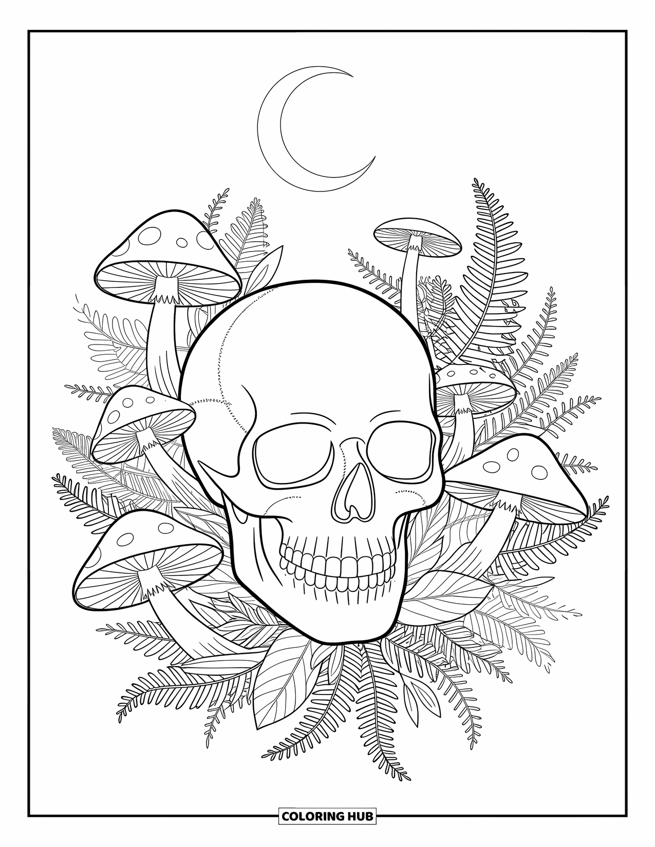 Skull Coloring Page for Adults: A skull nestled in forest plants and mushrooms rests beneath a glowing crescent moon