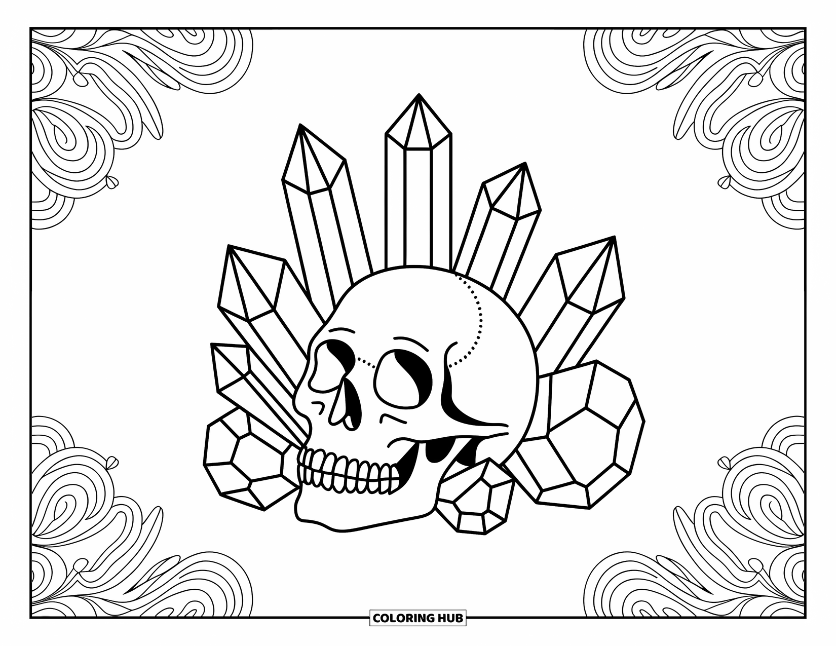Skull Coloring Page for Adults: A skull nestles in abstract crystals and geodes surrounded by symmetrical, swirling patterns