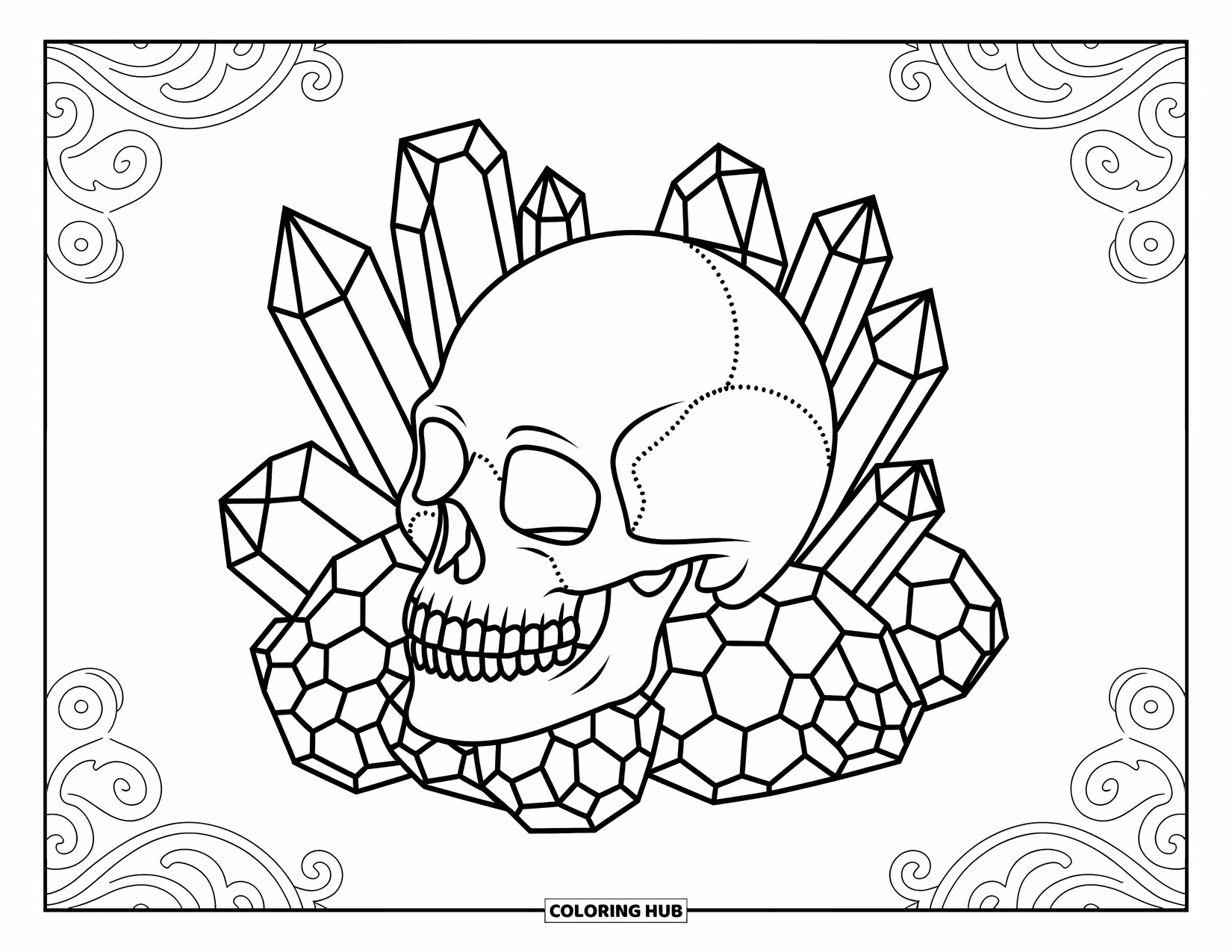 Skull Coloring Page for Adults: A skull rests among crystals and geodes wrapped in elegant, detailed symmetrical patterns
