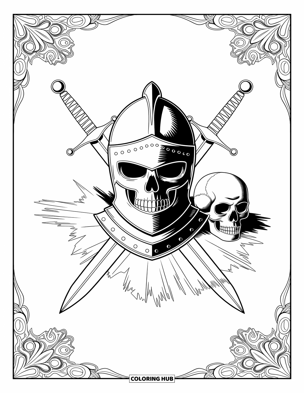 Skull Coloring Page for Adults: A skull rests inside a detailed knight's helmet with crossed swords and a fluttering banner