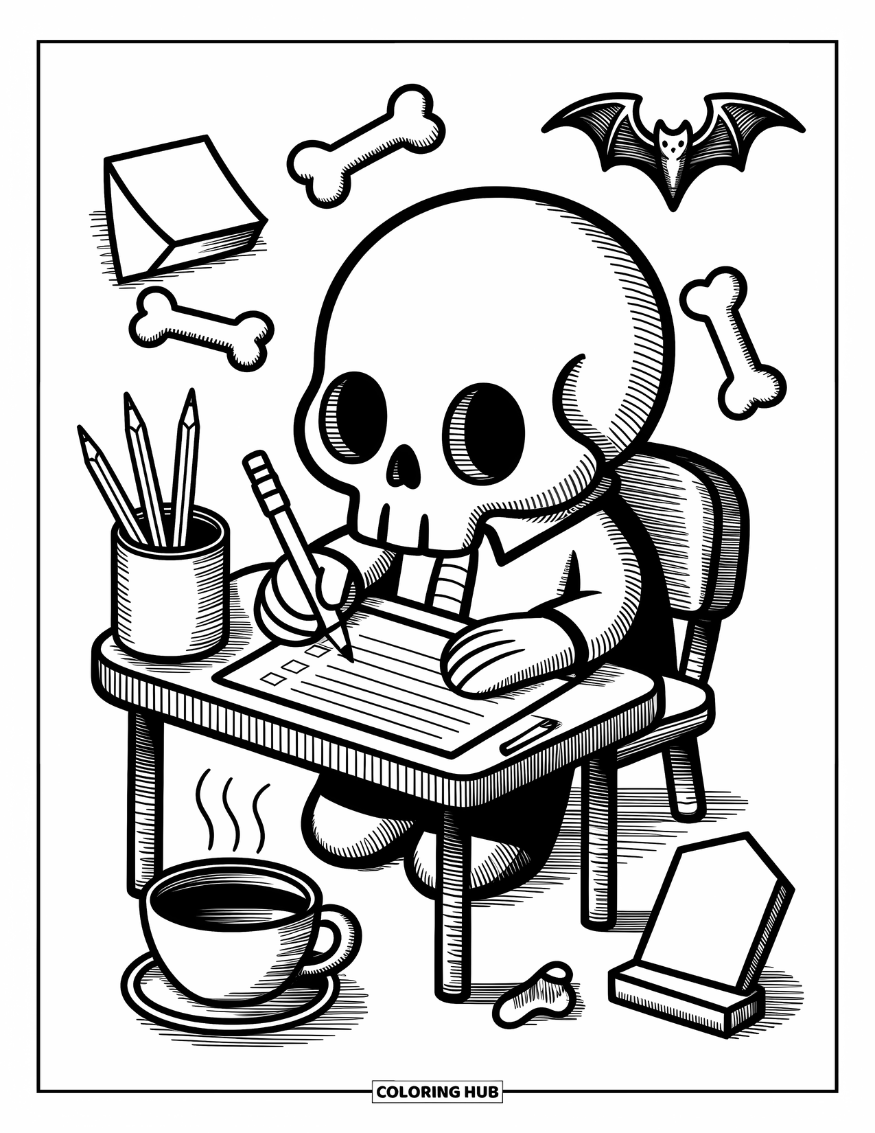 Skull Coloring Page for Adults: A skull works on a to-do list with bone pencils and tombstone-shaped sticky notes
