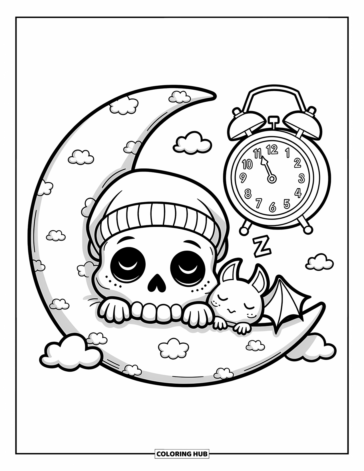 Skull Coloring Page for Adults: A sleepy skull with a huge cap rests on a moon pillow beside a bat and alarm clock