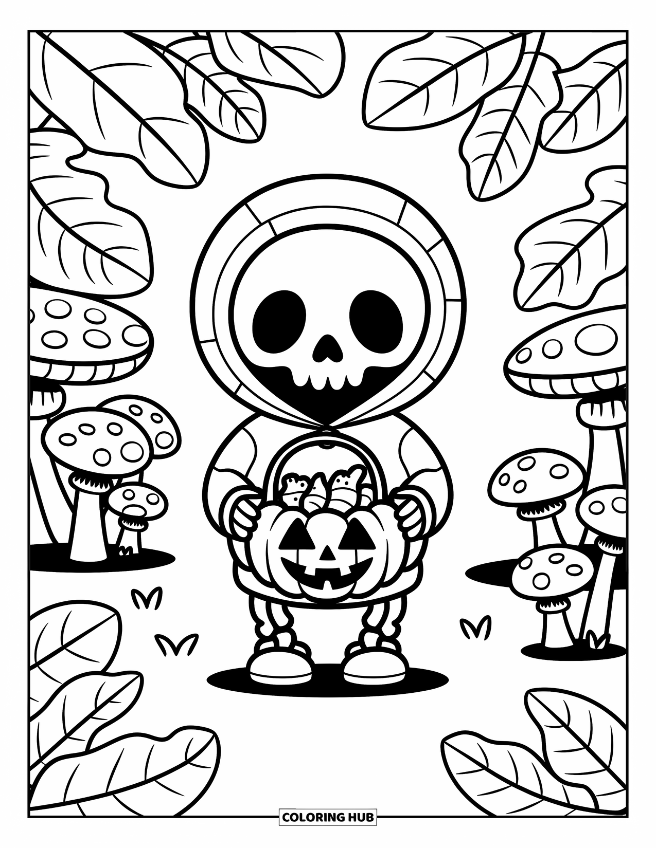 Skull Coloring Page for Adults: A small skeleton with sweets walks through a whimsical forest of mushrooms and big leaves