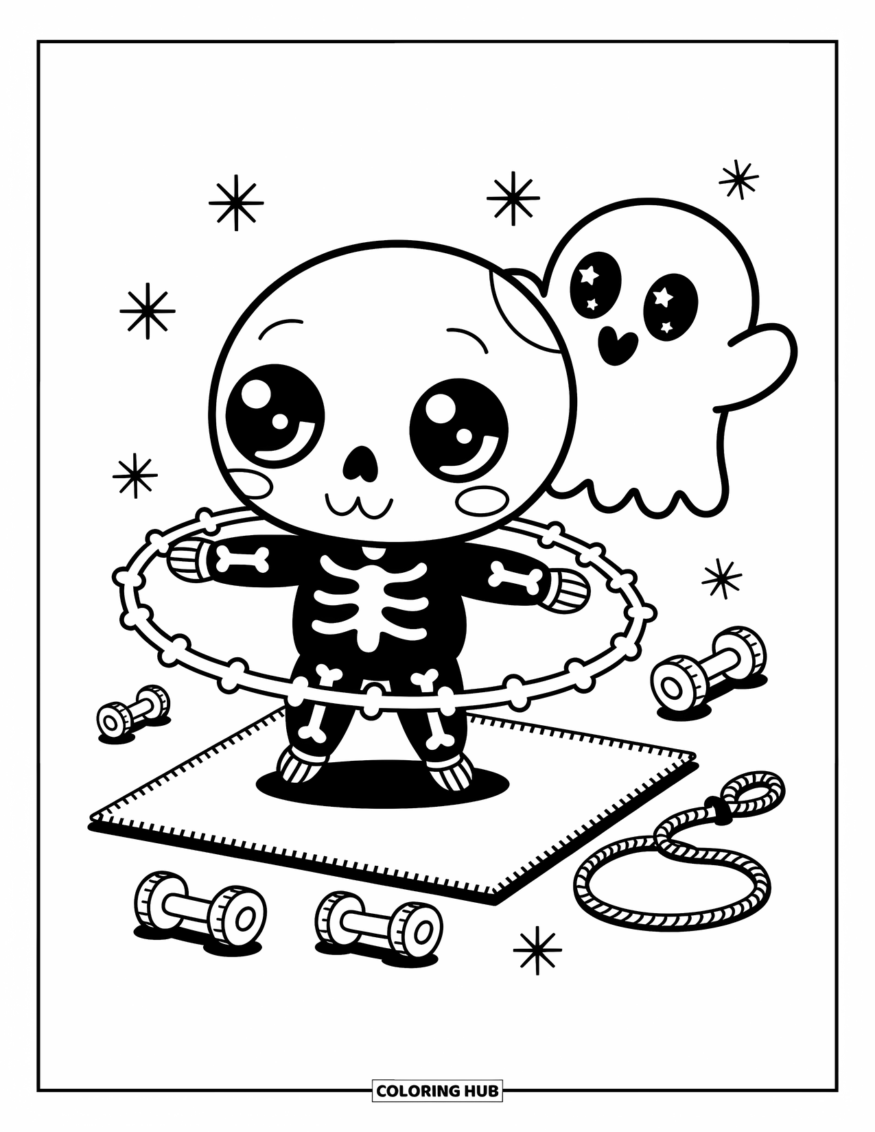 Skull Coloring Page for Adults: A smiling skull hula hoops with bones while a ghost cheers among playful gym gear