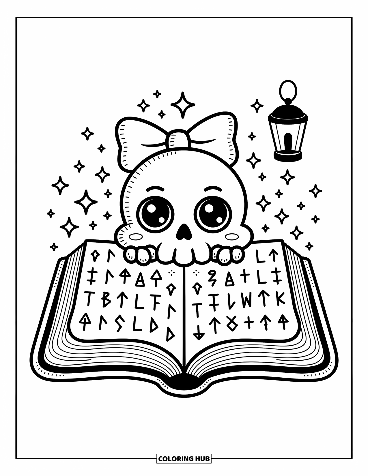 Skull Coloring Page for Adults: A smiling skull with a floppy bowtie sits in a magical book surrounded by twinkling lights