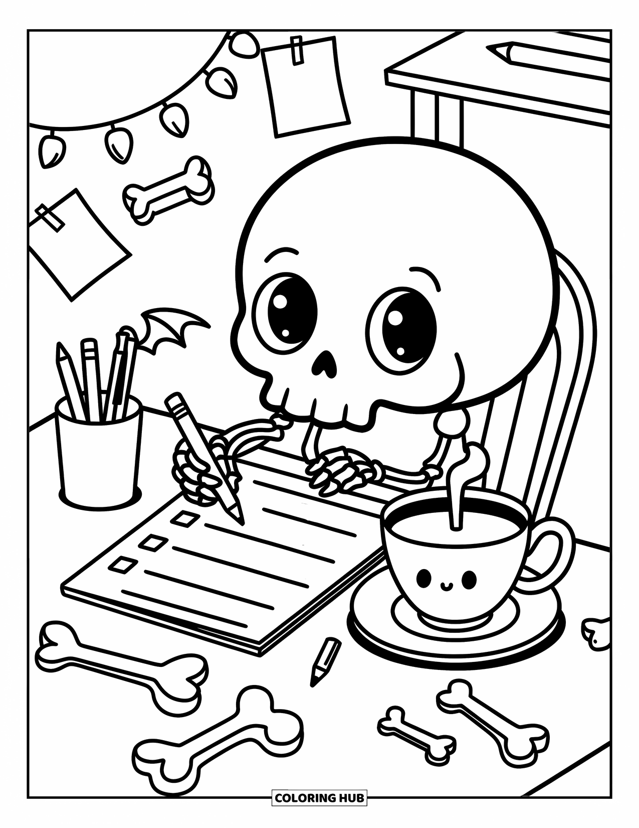 Skull Coloring Page for Adults: A tiny skull checks off tasks at a cozy desk with bone pencils and bat-themed tea