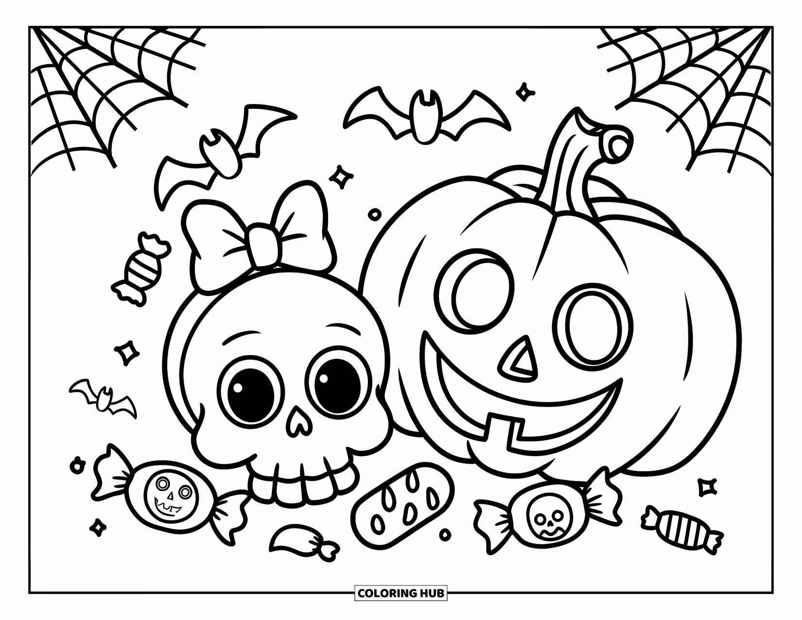 Skull Coloring Page for Kids: A bow-wearing skull with big eyes smiles near candy, bats, and a Halloween pumpkin
