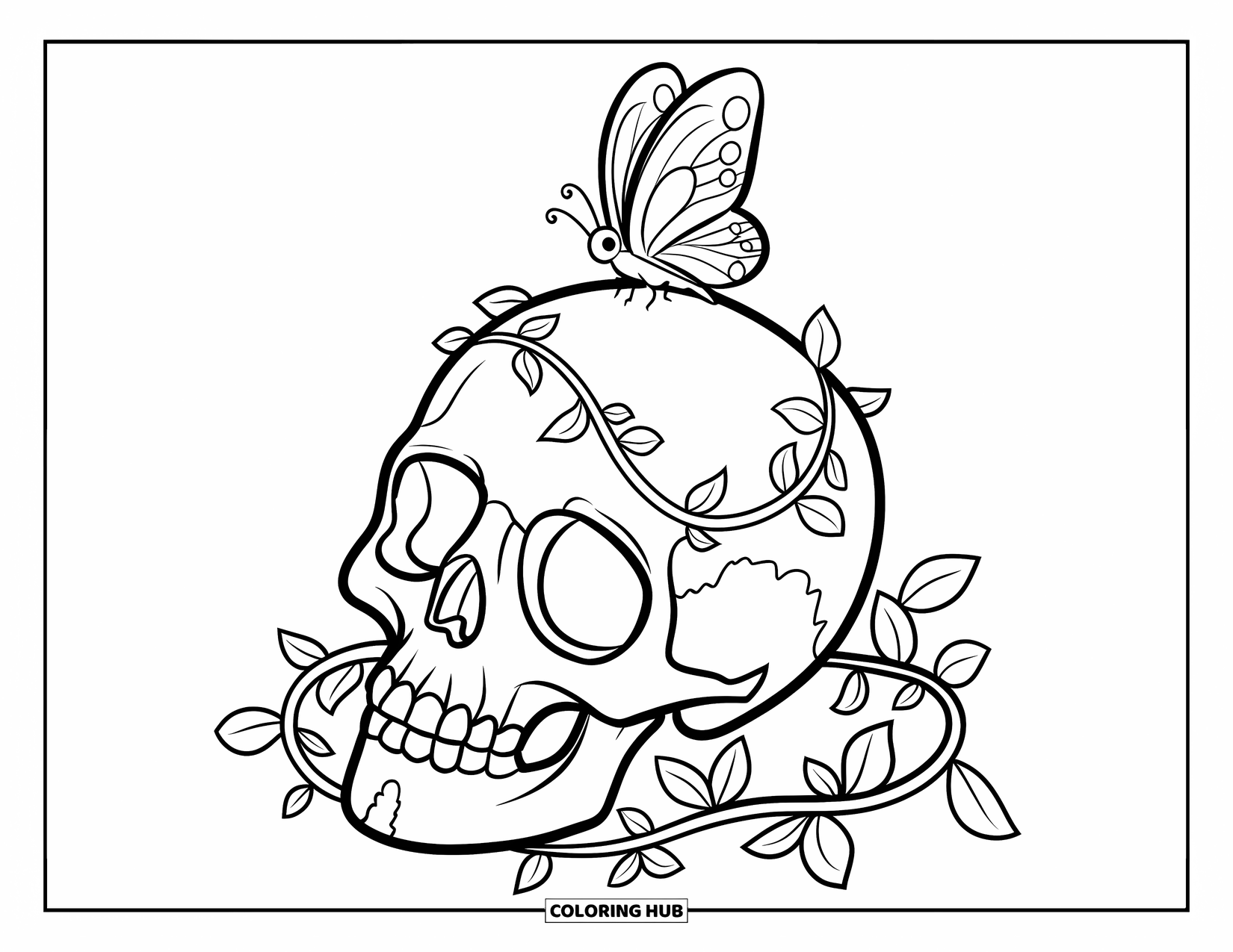 Skull Coloring Page for Kids: A butterfly sits on a vine-covered skull with a hole through its head