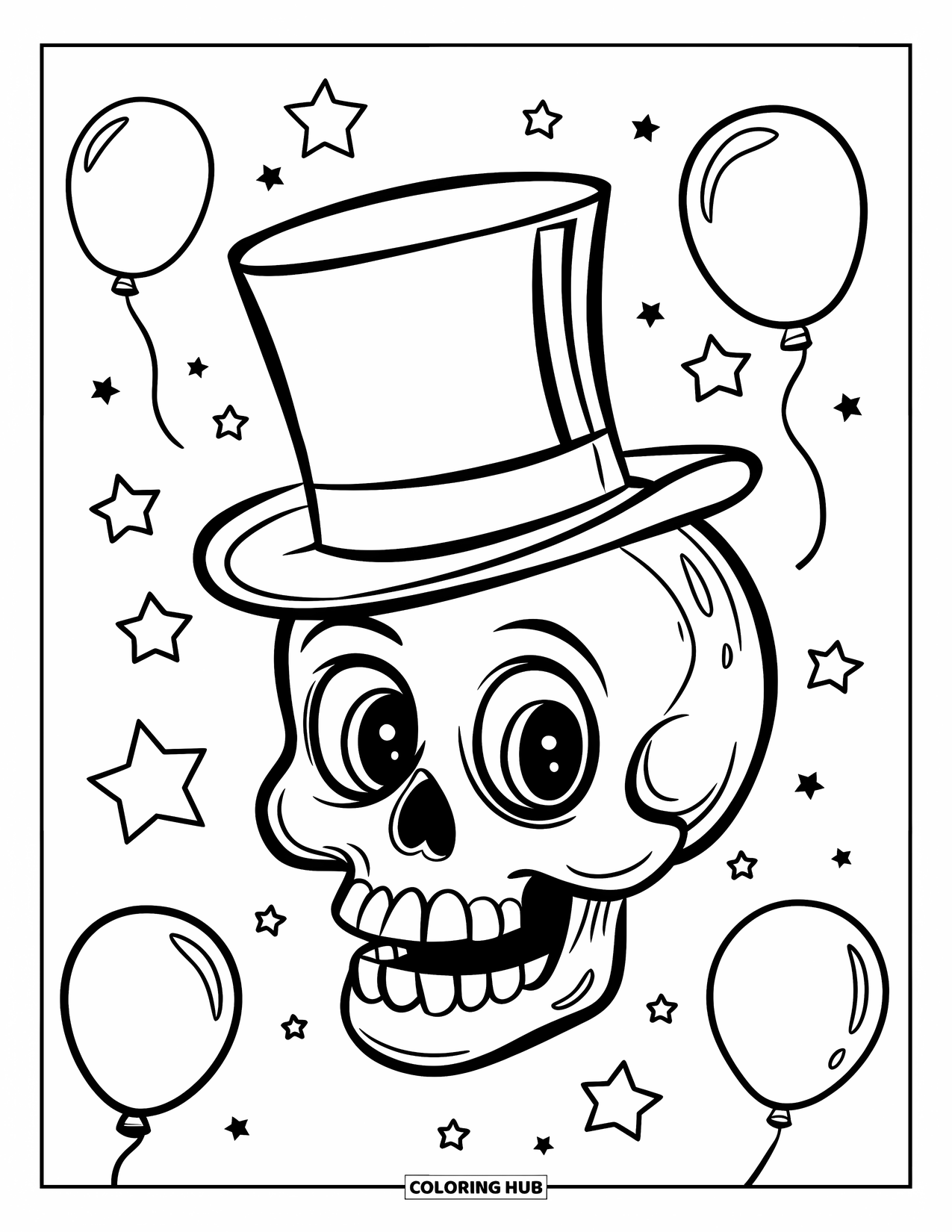 Skull Coloring Page for Kids: A cheerful skull in a top hat smiles as balloons and stars float all around
