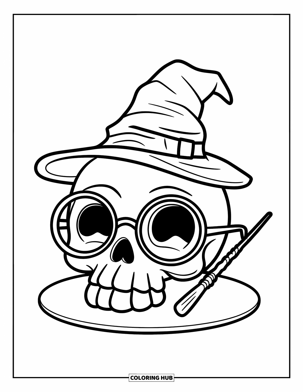 Skull Coloring Page for Kids: A cheerful skull in glasses and a wizard hat sits on a round base beside a wand