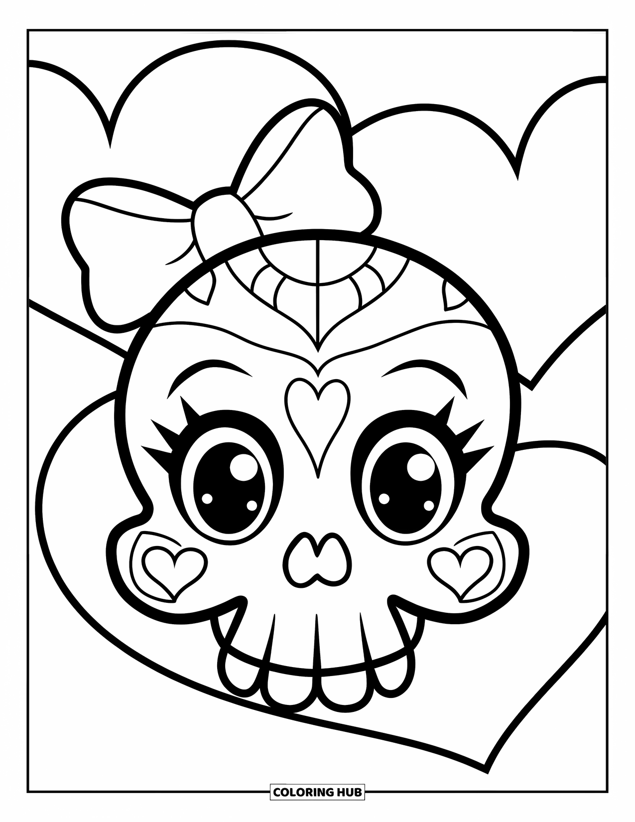 Skull Coloring Page for Kids: A cheerful skull with a heart-shaped nose and a bow floats with hearts behind it