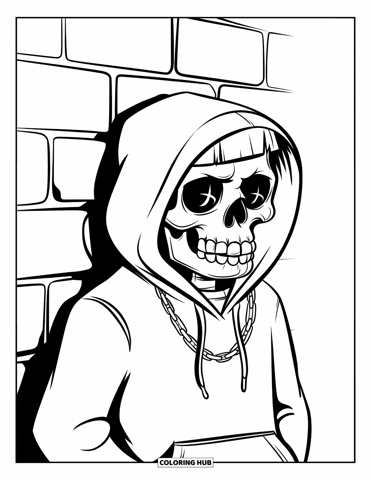 Skull Coloring Page for Kids: A chill skull in a hoodie and necklace relaxes beside a brick wall