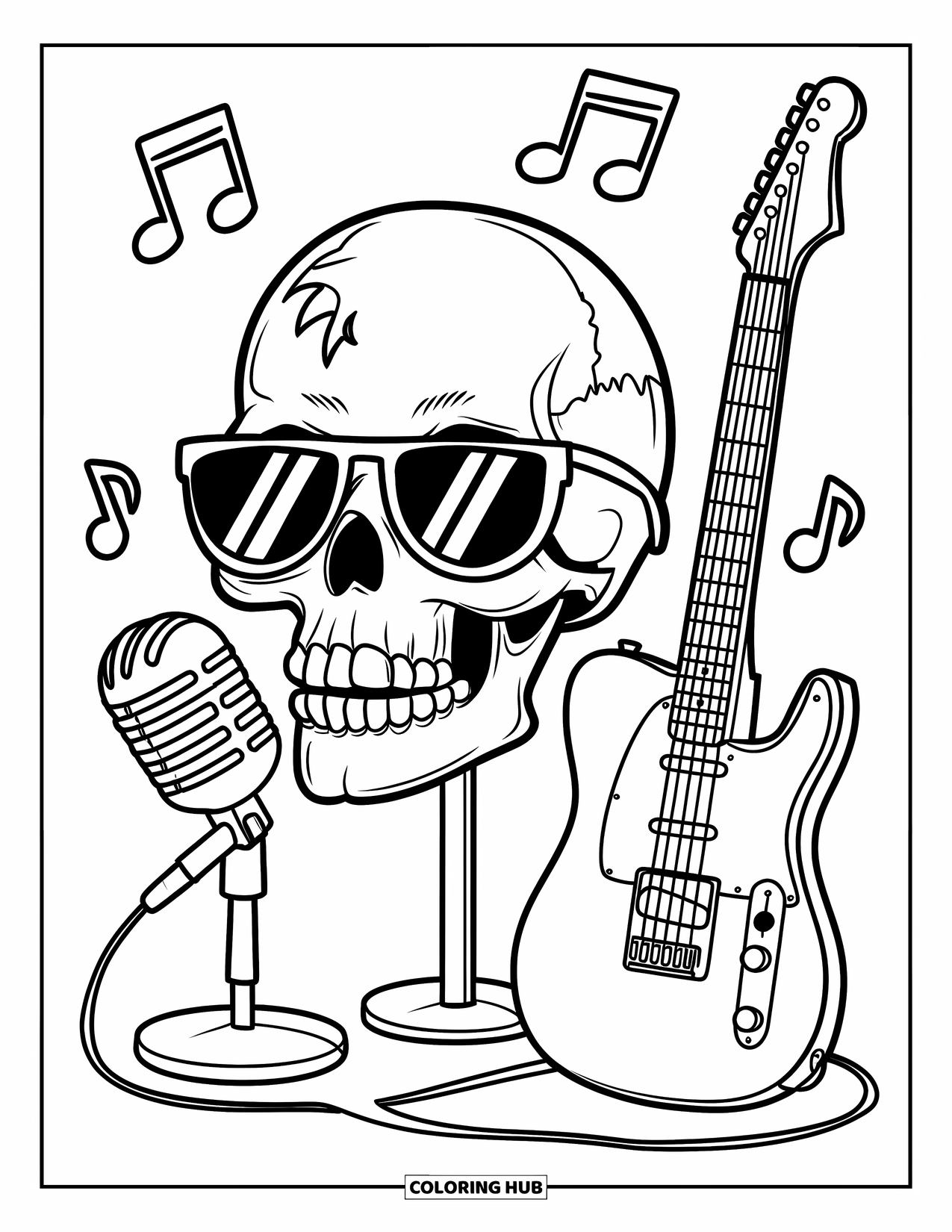 Skull Coloring Page for Kids: A cool skull with a cheek tattoo jams with a mic, guitar, and floating music notes