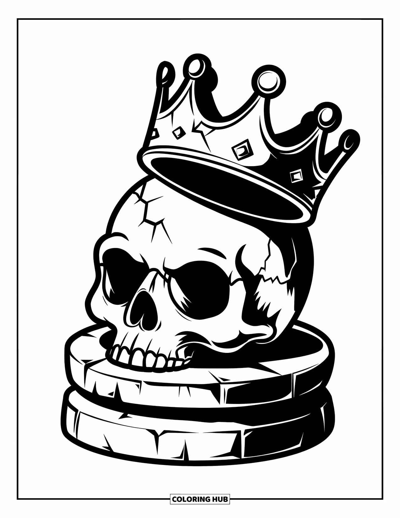 Skull Coloring Page for Kids: A cracked crown rests on a skull sitting tall on a stone pedestal