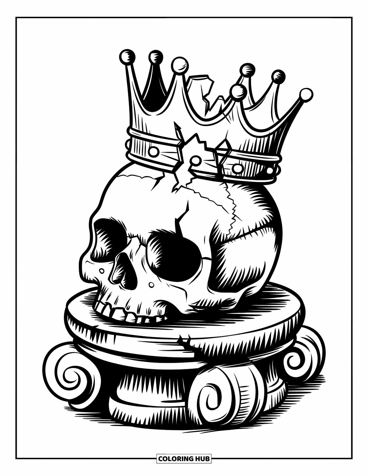 Skull Coloring Page for Kids: A damaged crown tops a skull resting quietly on a carved stone pedestal