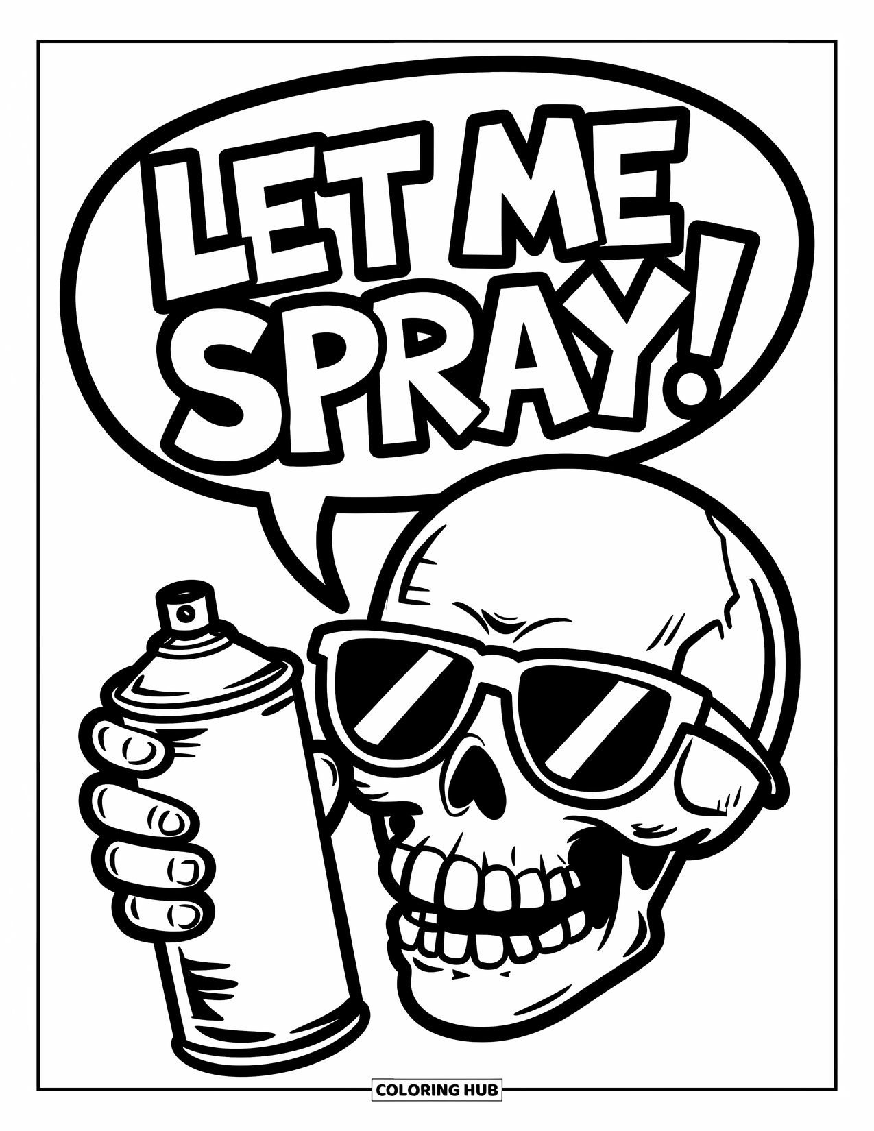 Skull Coloring Page for Kids: A graffiti skull with sunglasses grins beside a spray can and a cheeky speech bubble