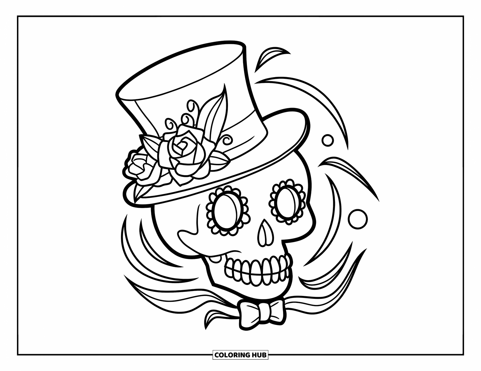 Skull Coloring Page for Kids: A grinning skull in a top hat and bow tie is decorated with roses and leaves