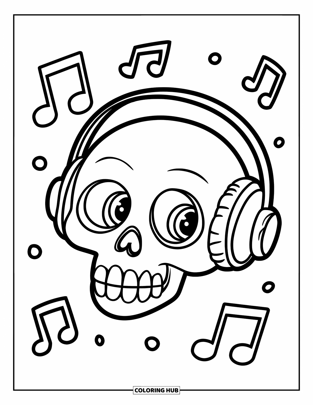 Skull Coloring Page for Kids: A happy skull wearing headphones bops to music with notes floating nearby