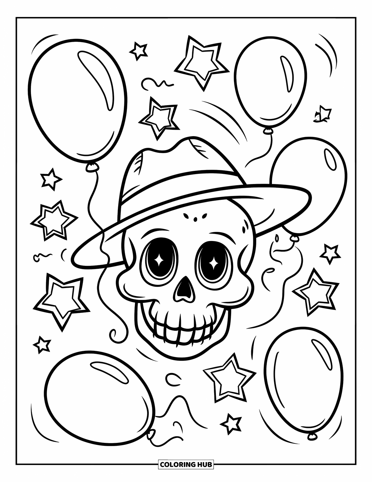 Skull Coloring Page for Kids: A happy skull with a hat floats among balloons and stars with a big toothy grin