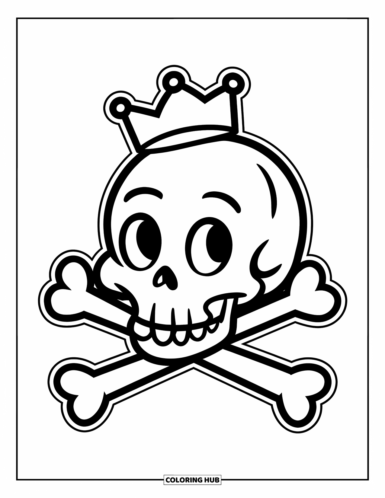 Skull Coloring Page for Kids: A happy skull with a little crown grins widely above a pair of crossbones