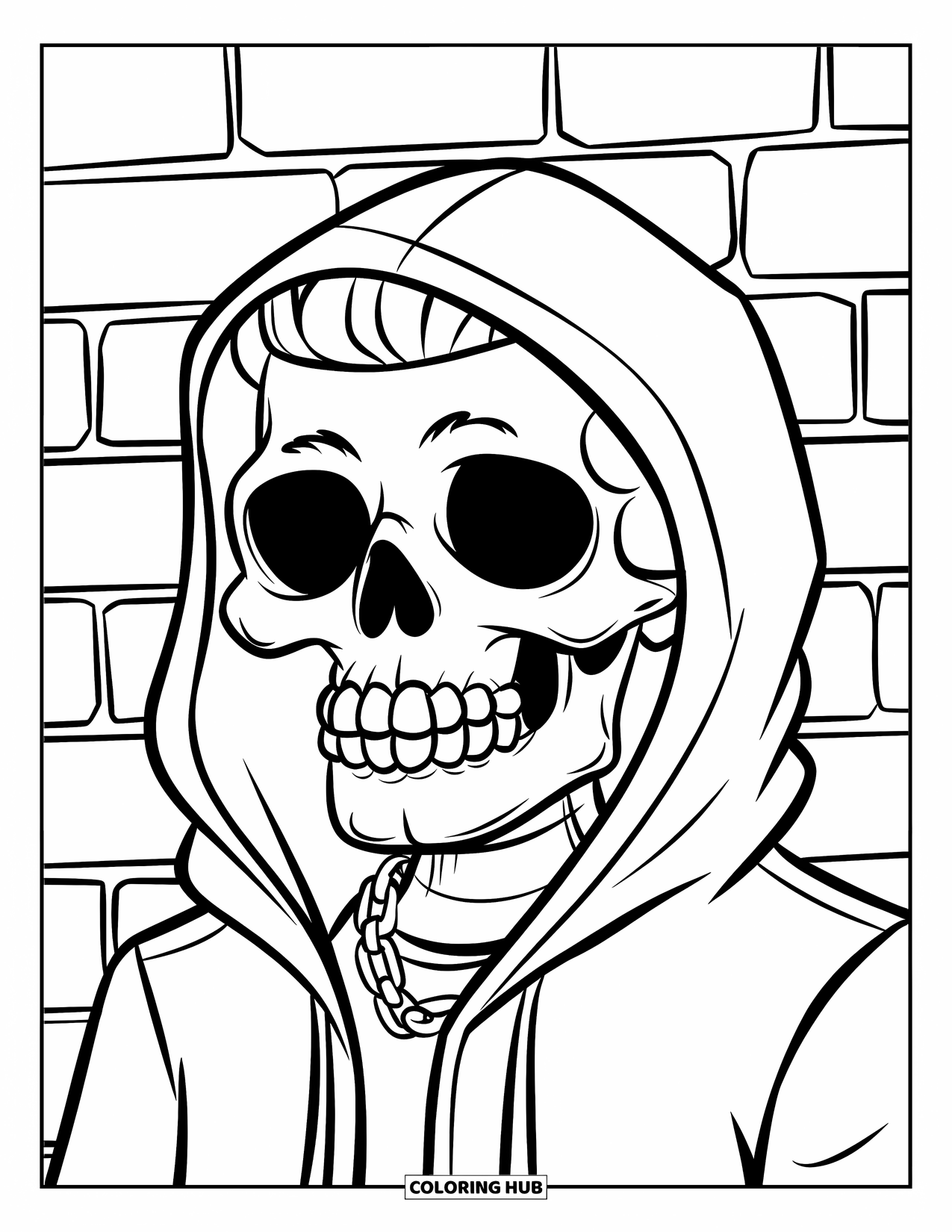 Skull Coloring Page for Kids: A hoodie-wearing skull with a chain cools off against a cracked brick wall