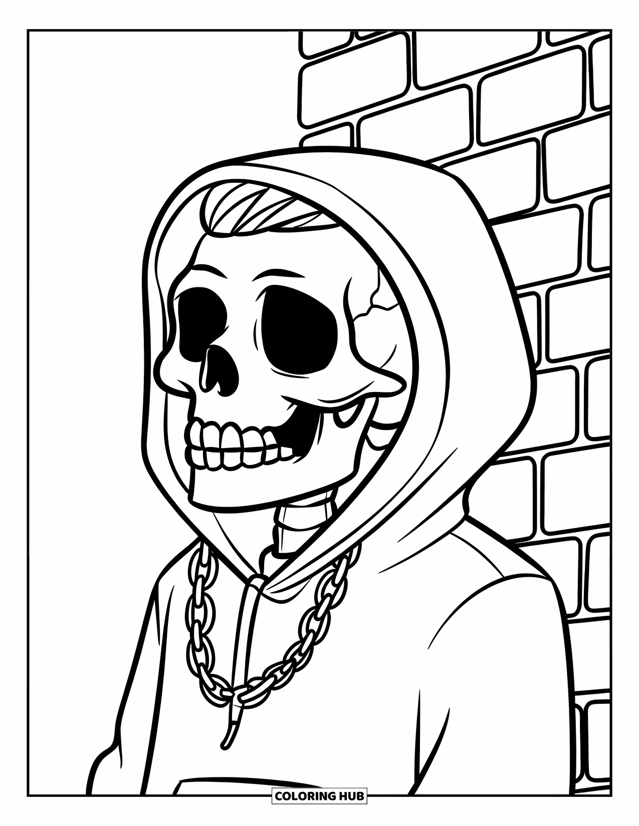 Skull Coloring Page for Kids: A laid-back skull in a hoodie and chain leans against a brick wall