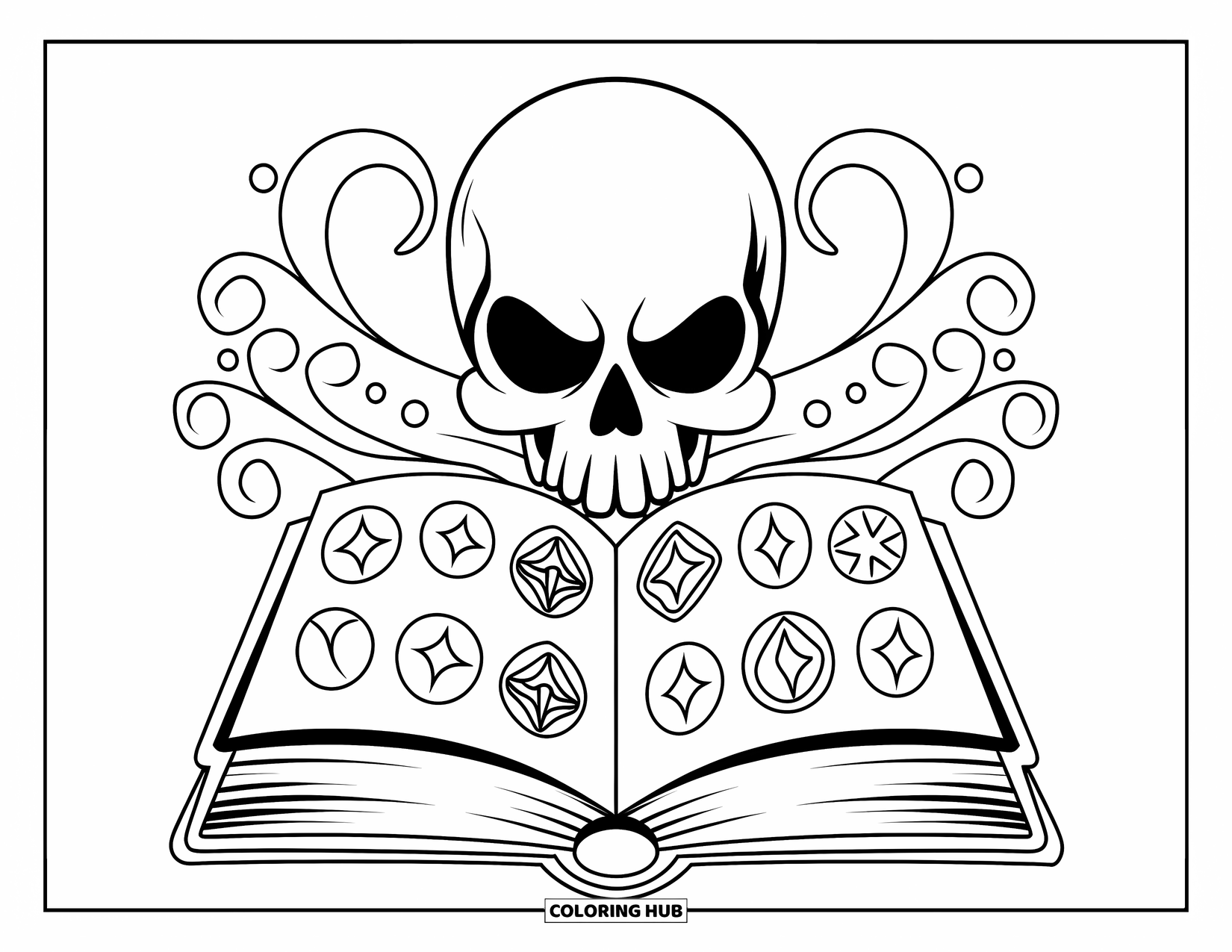 Skull Coloring Page for Kids: A mysterious skull peeks from behind a magical book filled with mysterious symbols
