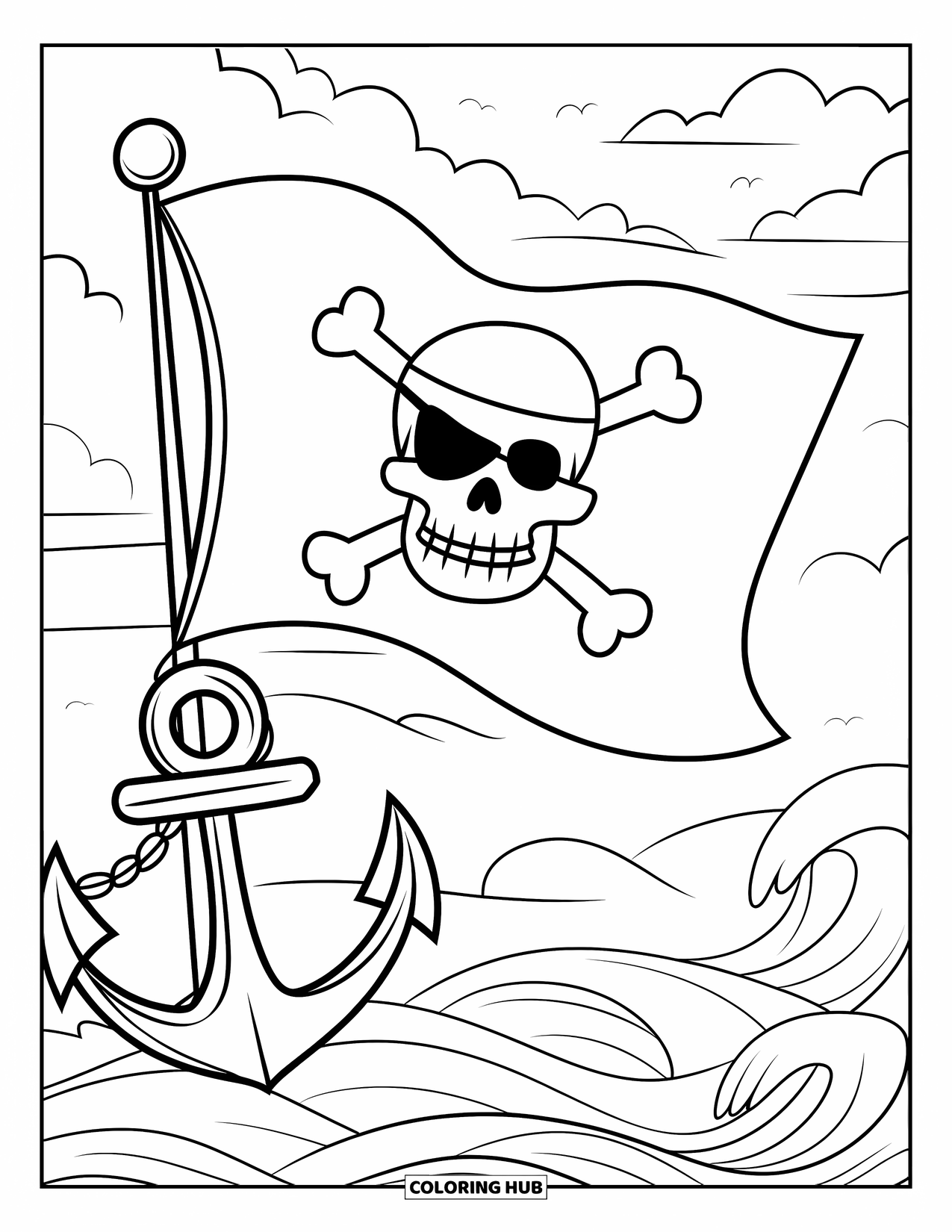 Skull Coloring Page for Kids: A pirate skull flies high on a flag with waves crashing and an anchor below