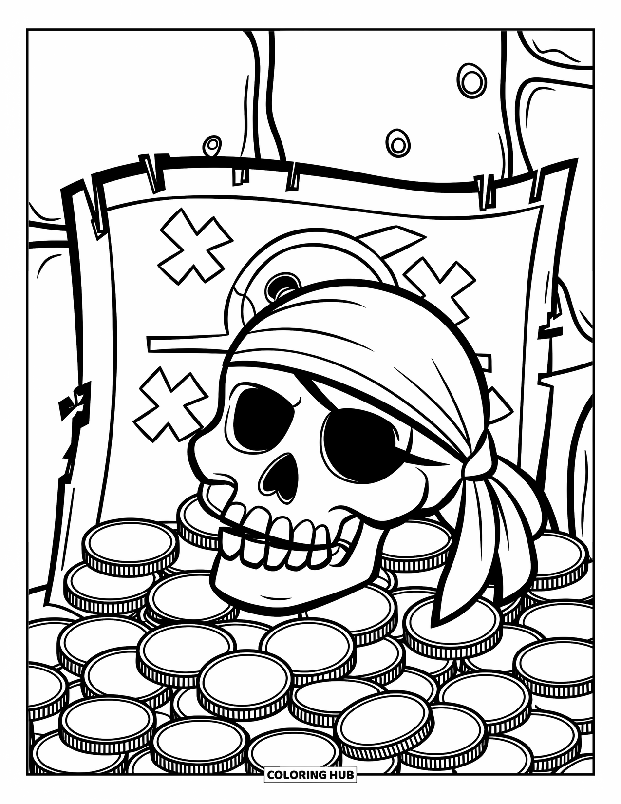 Skull Coloring Page for Kids: A pirate skull guards treasure, backed by a map and a wall with holes