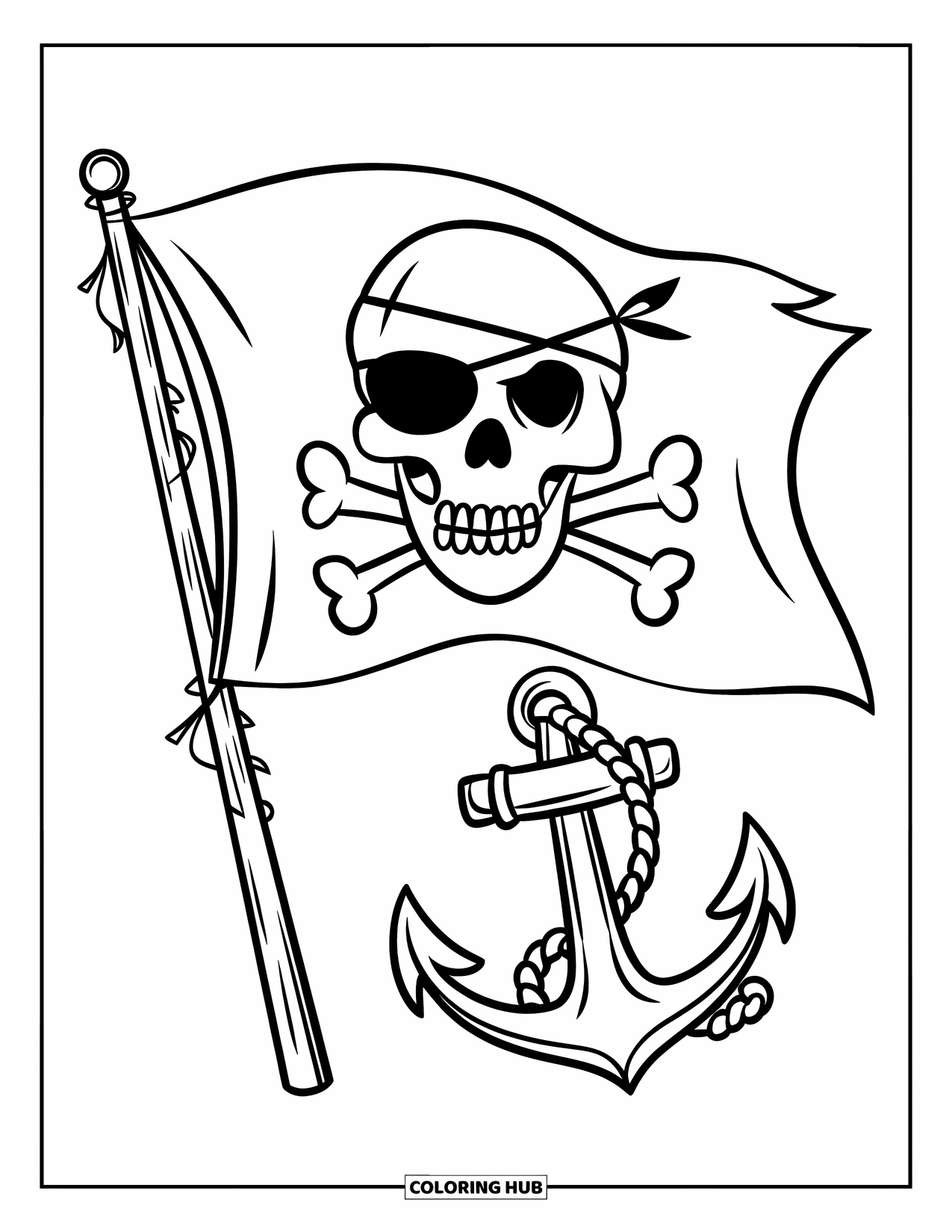 Skull Coloring Page for Kids: A pirate skull waves proudly on a ship's flag with an anchor nearby