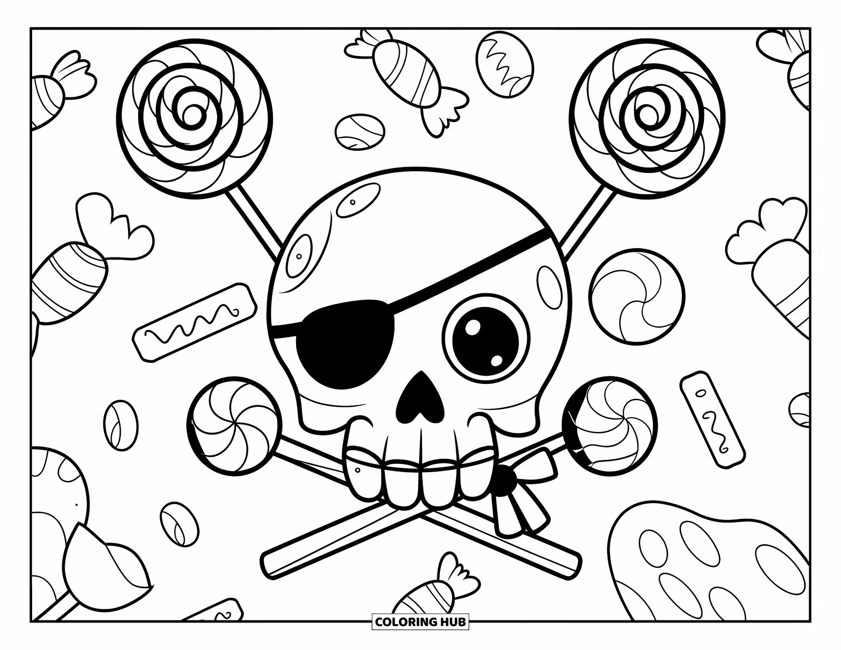 Skull Coloring Page for Kids: A pirate skull with an eye patch smiles above crossed lollipops and scattered candies