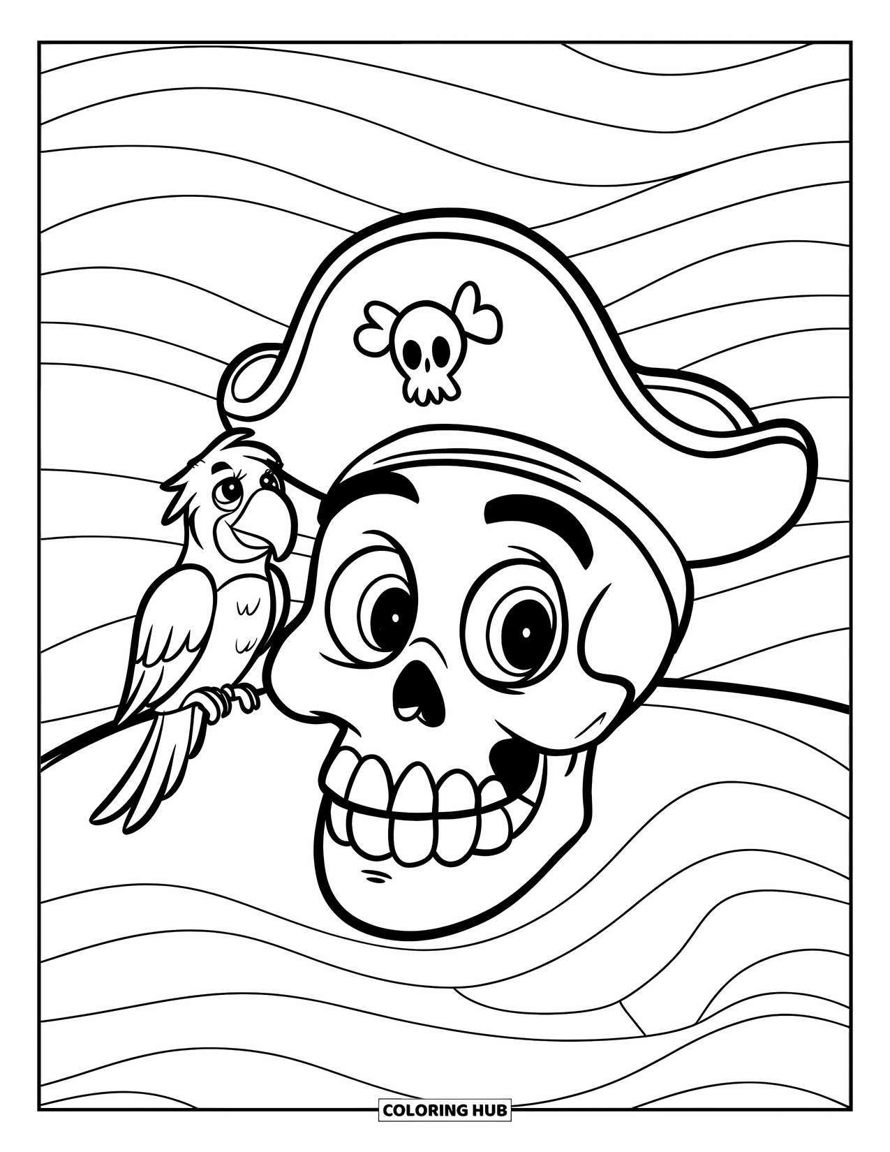 Skull Coloring Page for Kids: A pirate skull with big eyes and a wide grin shares a plank with a happy parrot
