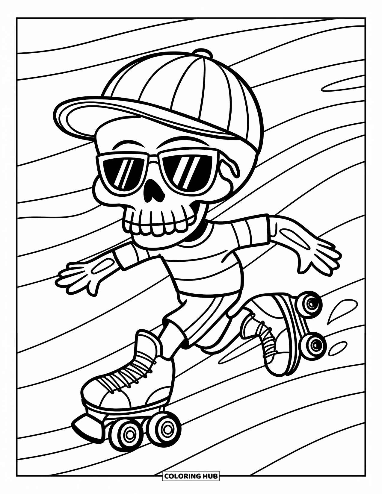 Skull Coloring Page for Kids: A roller-skating skull with a cap and sunglasses grins while gliding along