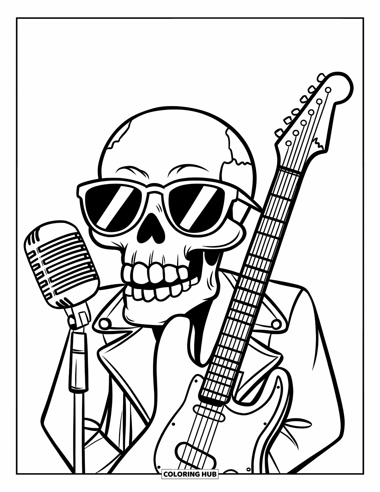 Skull Coloring Page for Kids: A singing skull in a leather jacket rocks out with a guitar and microphone