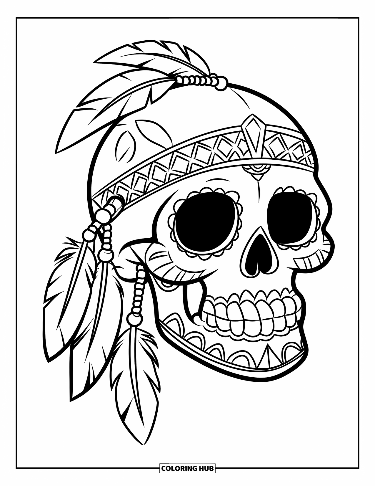Skull Coloring Page for Kids: A skull decorated with feathers, beads, and patterns brings a fun, expressive energy