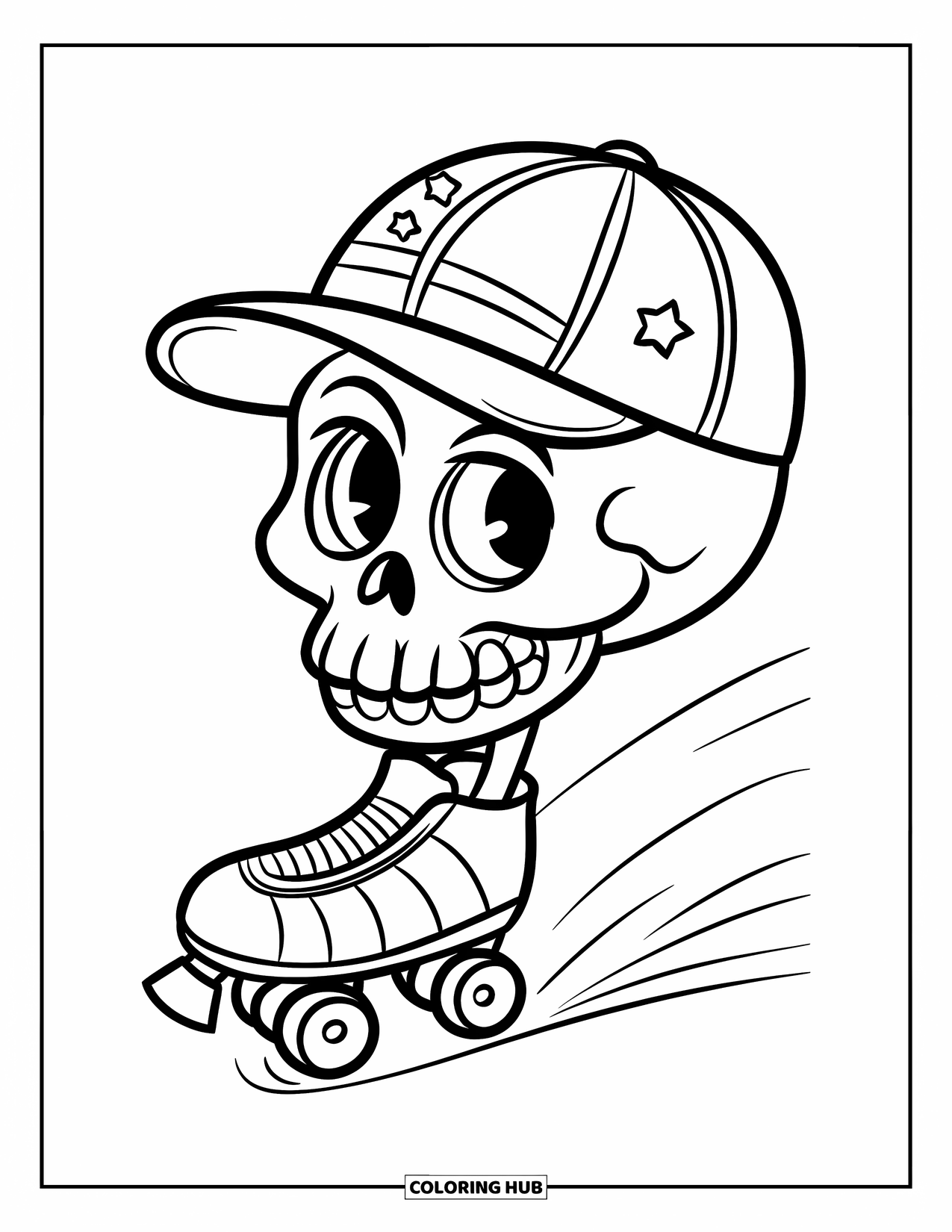 Skull Coloring Page for Kids: A skull in a cap and skates zooms by with stars and stripes in the wind