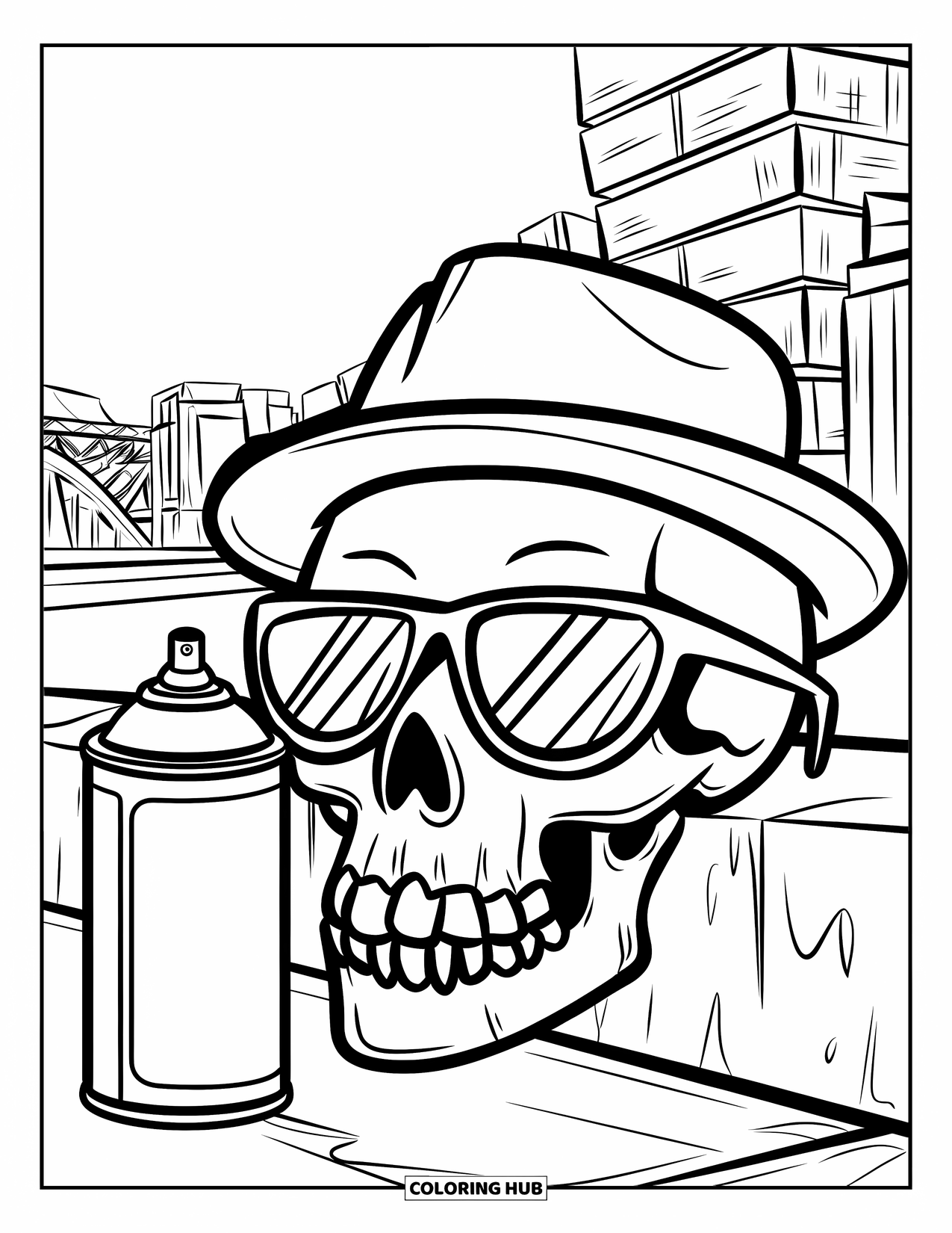 Skull Coloring Page for Kids: A skull in a hat leans on a wall with a city skyline in the background