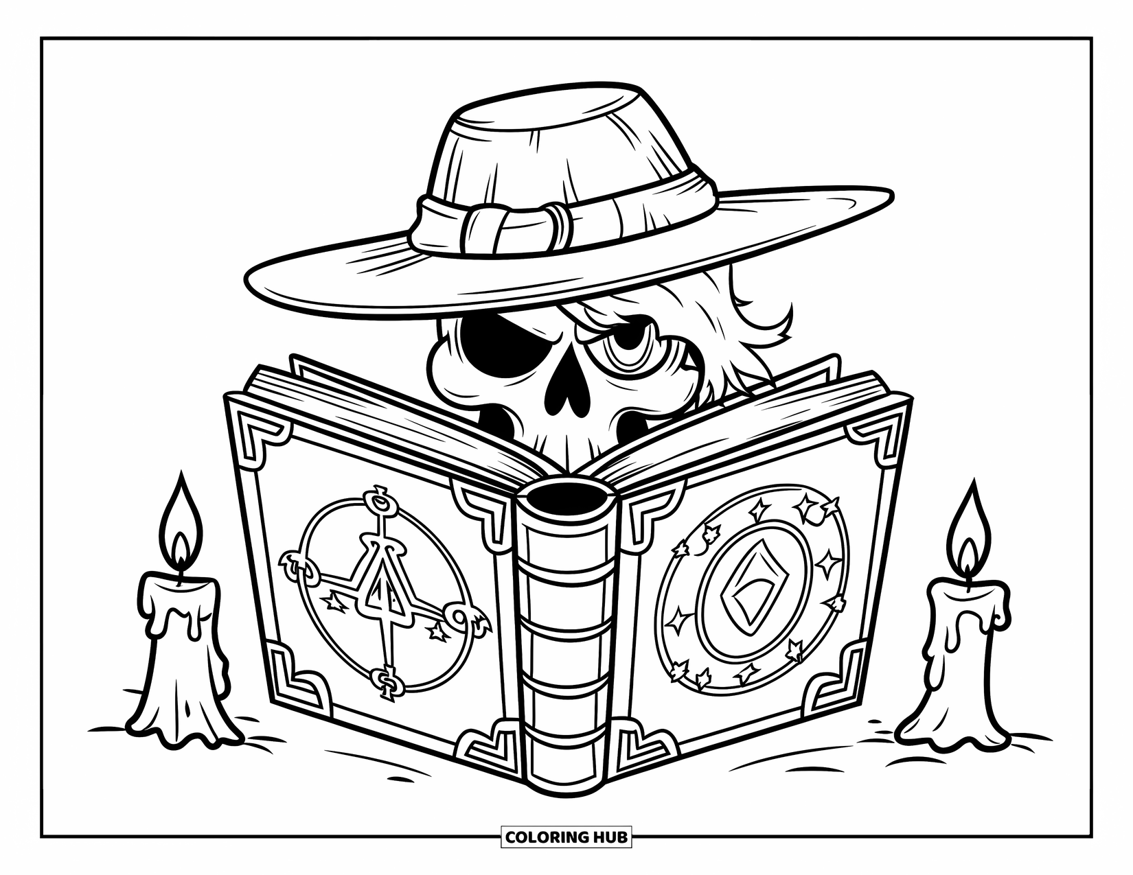 Skull Coloring Page for Kids: A skull in a wide hat and tattered cloth peers over a magic book with candles nearby
