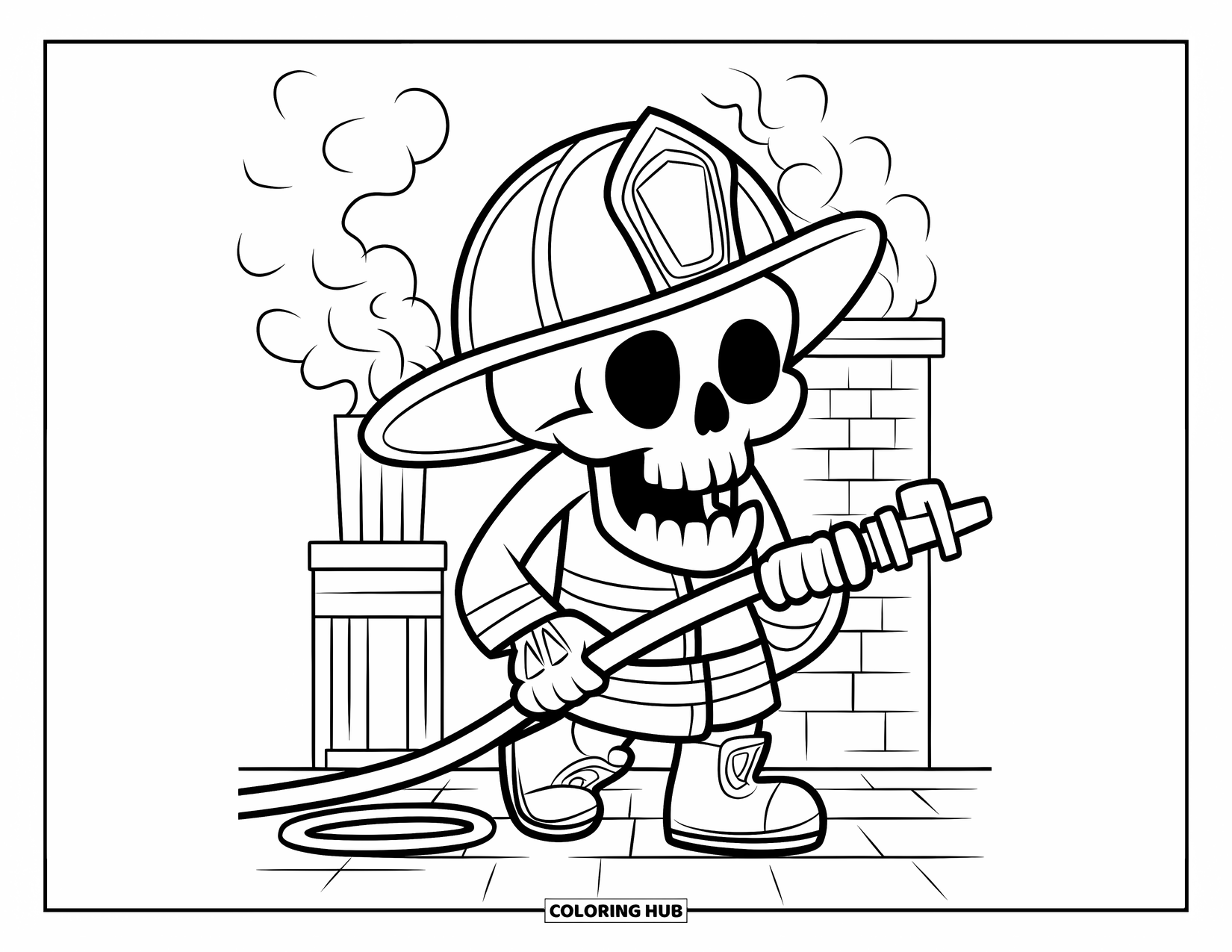Skull Coloring Page for Kids: A skull in firefighter boots stands on bricks, smoke curling from a distant building