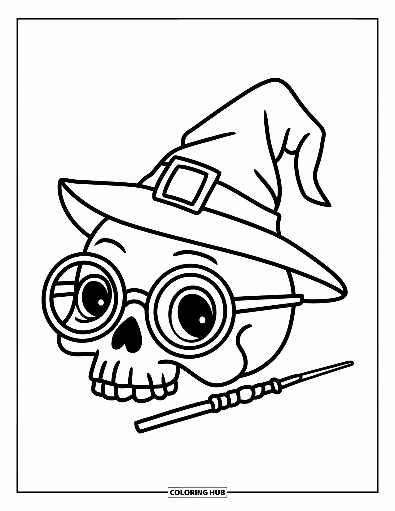 Skull Coloring Page for Kids: A skull in glasses and a tiny wizard hat sits with a wand nearby