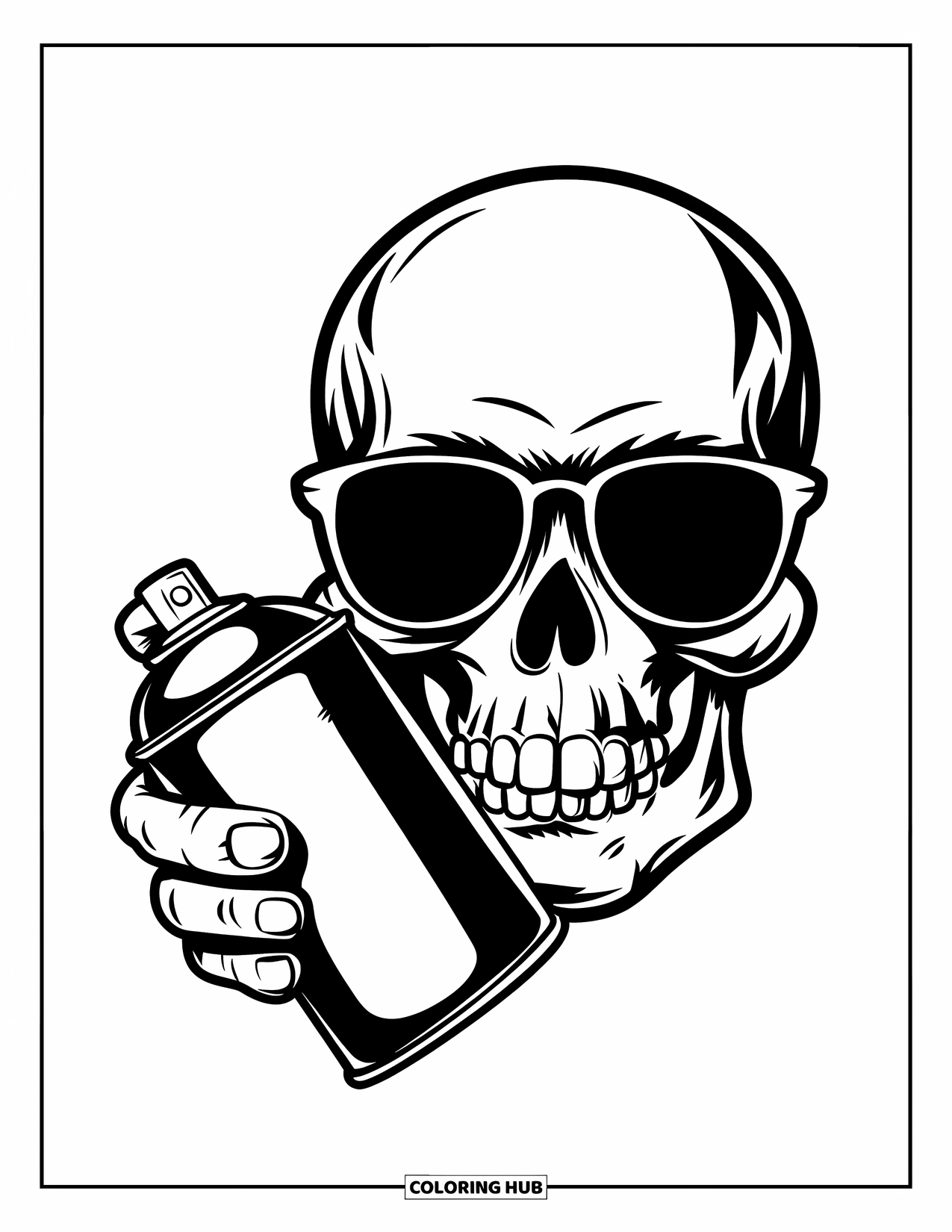 Skull Coloring Page for Kids: A skull in shades holds a spray can, looking ready to paint the town