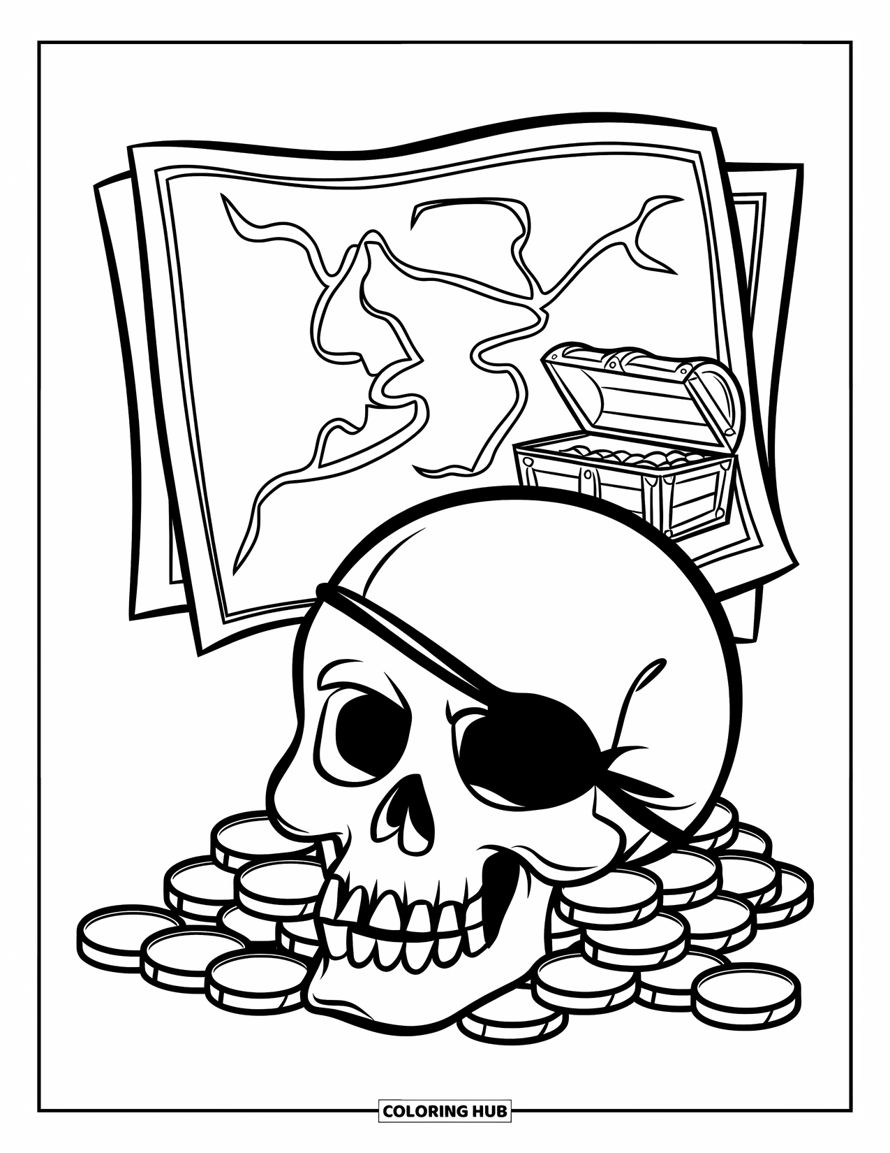 Skull Coloring Page for Kids: A skull sits on a coin pile, with a treasure map and chest just behind