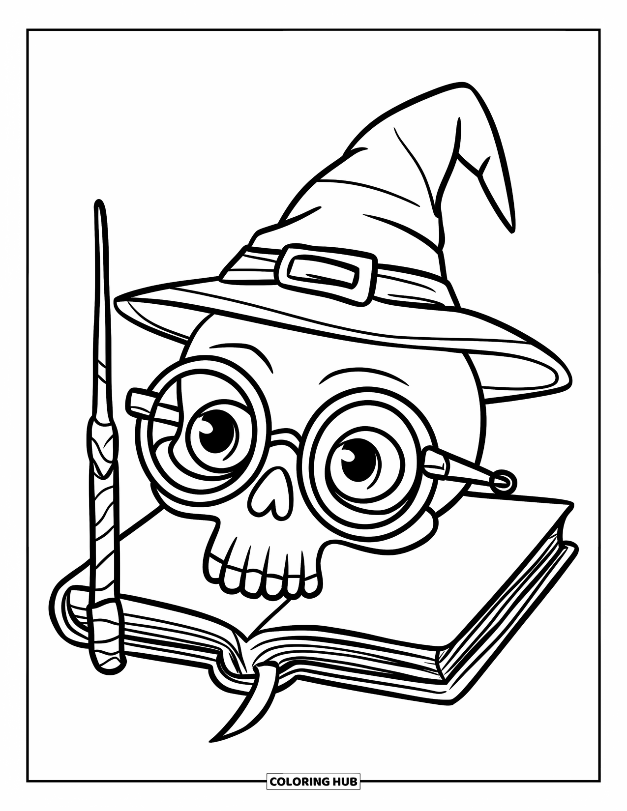 Skull Coloring Page for Kids: A skull with big glasses and a wizard hat rests on a book with a magic wand