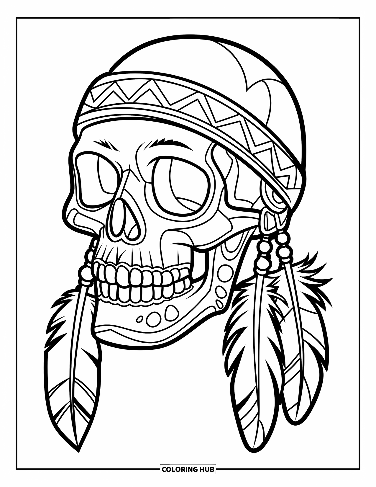 Skull Coloring Page for Kids: A skull with feathers and beads gives off a cool, laid-back tribal look