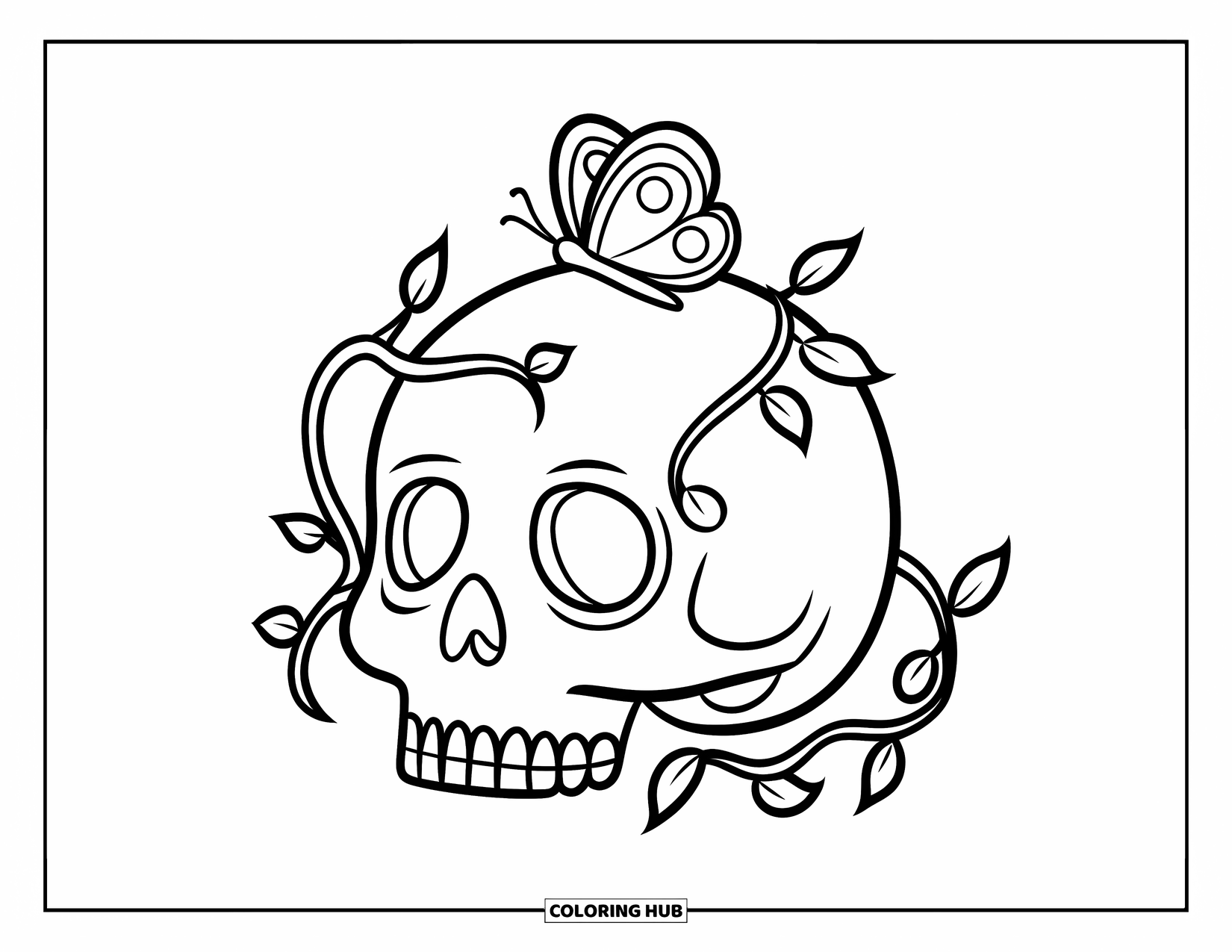 Skull Coloring Page for Kids: A skull wrapped in vines rests peacefully as a butterfly perches gently on top
