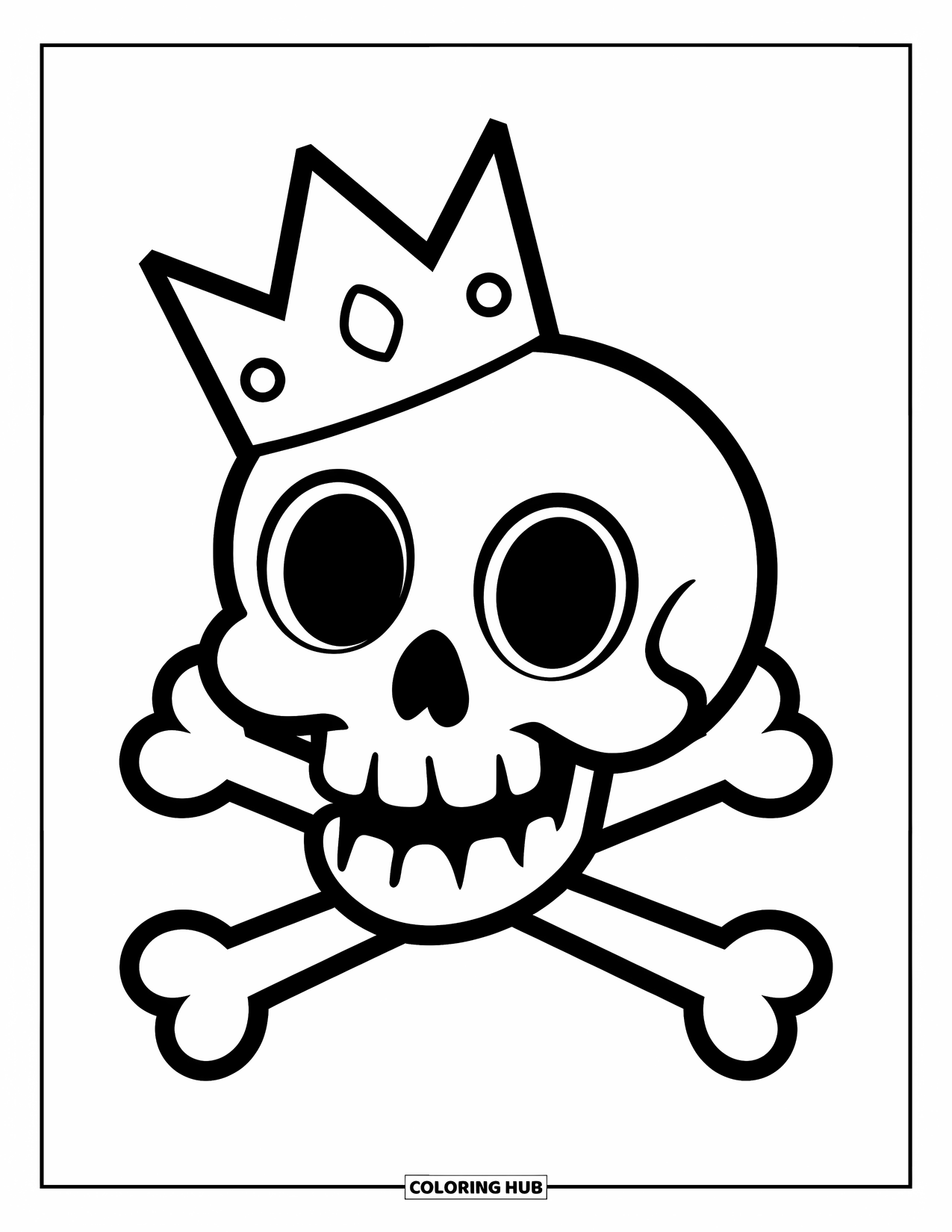 Skull Coloring Page for Kids: A smiling crowned skull floats above crossbones with a simple, playful feel