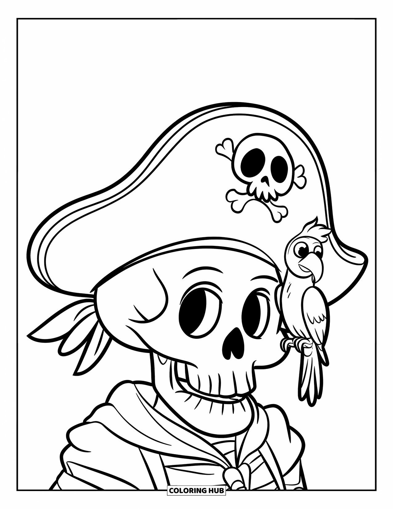 Skull Coloring Page for Kids: A smiling pirate skull with a parrot perched on its shoulder shows off a friendly vibe